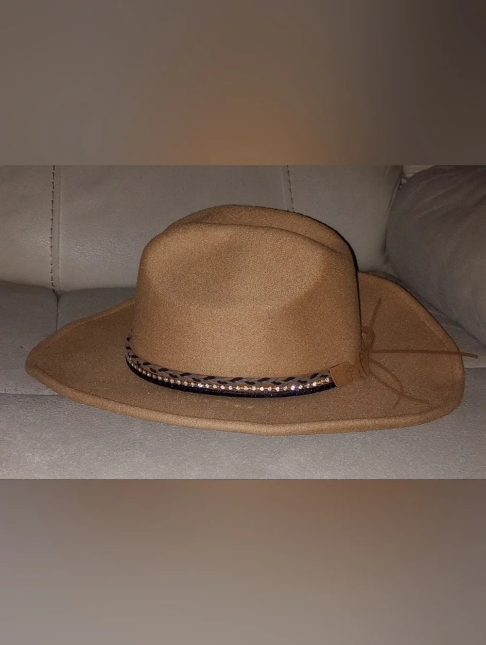 Stylish Brown Women's Felt Hat with Braided & Rhinestone Band - Picture 2 of 6